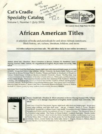 Articles cat s cradle books specialty catalog volume 1 number 1 african american titles high point north carolina 2010