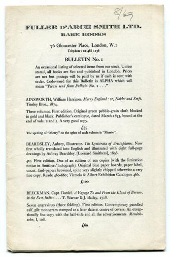 Articles fuller d arch smith ltd rare books bulletin no 1 london 1969