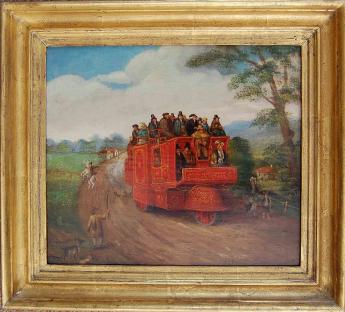 Oil painting of Dr. Church's London to Birmingham Steam Coach